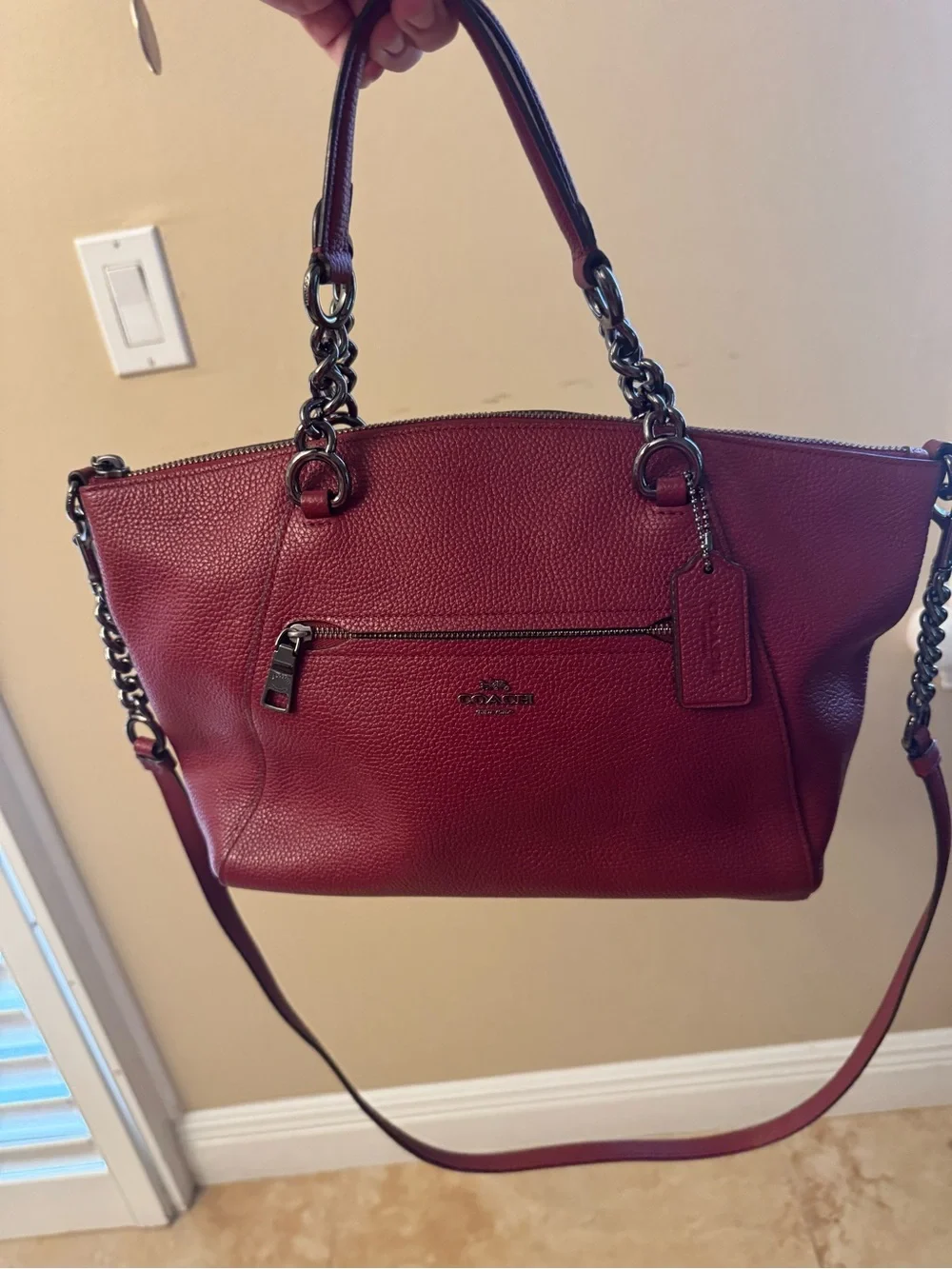 Coach Crimson Leather Shoulder Tote with Chain Handles